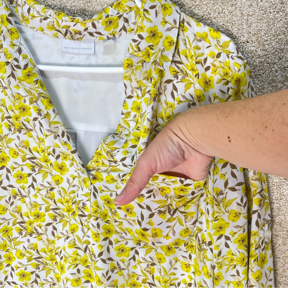 Imperfect yellow floral pocket dress vneck pointed collar lined bright bohemian - Picture 7 of 16